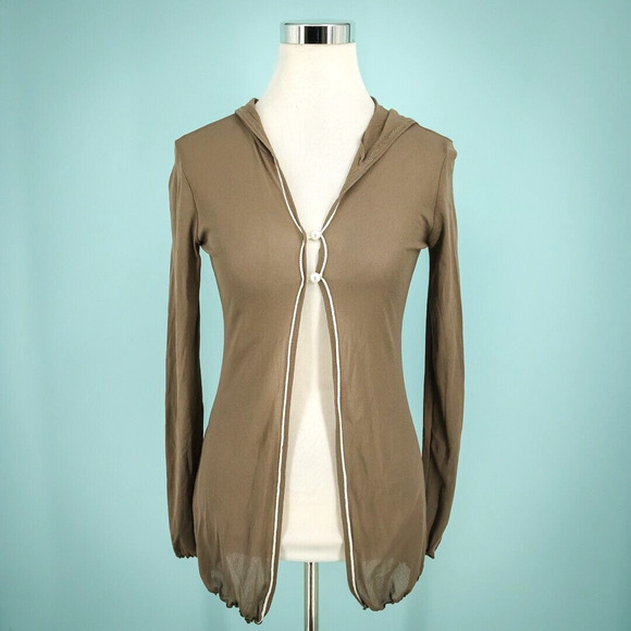 Anac Size Small S Brown Tan Mesh Hoodie Pearl Button Long Sleeve Cardigan Jacke - Picture 1 of 6
